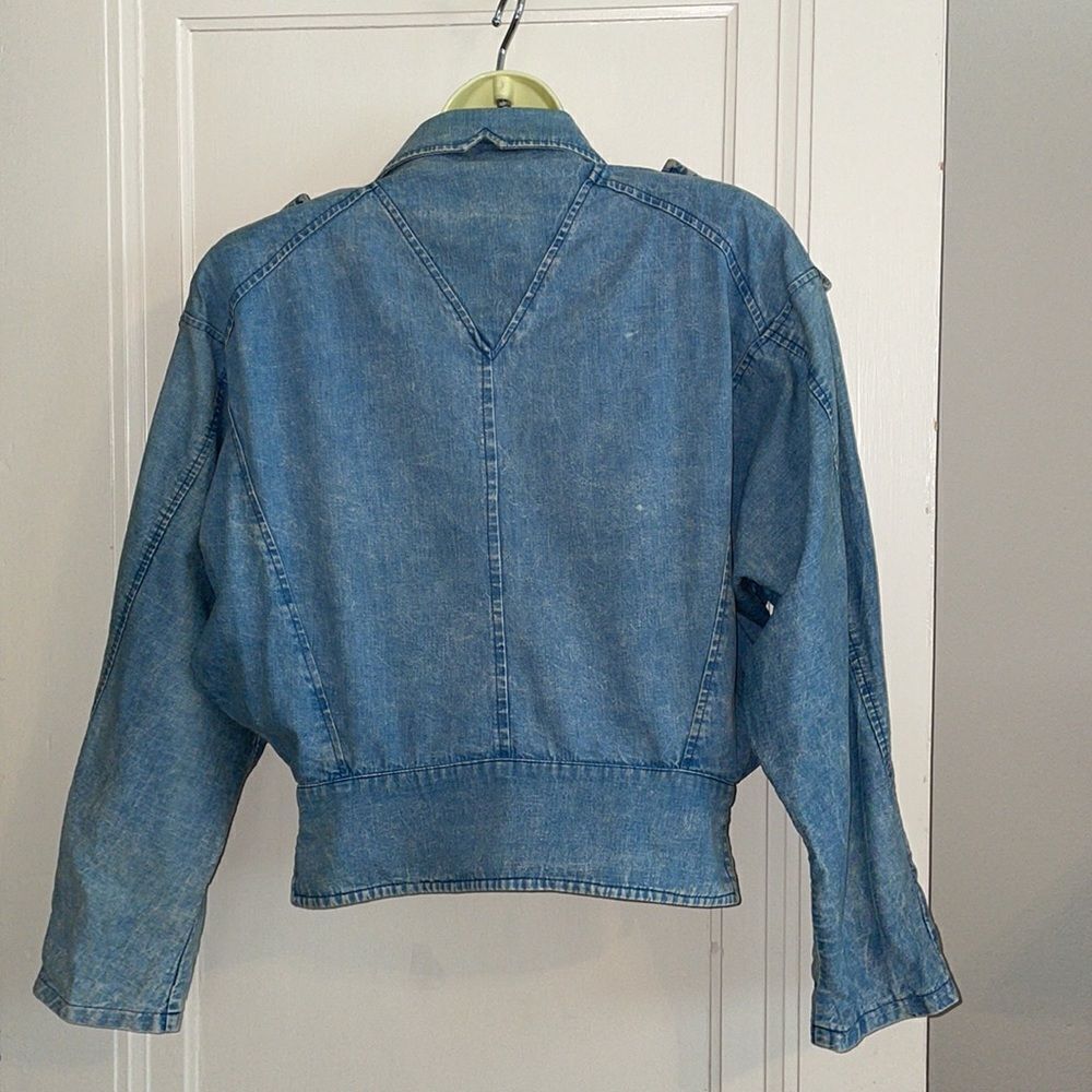 Vtg 80s Jez blue denim jacket/white embroidered geometric shape embellishments - Picture 7 of 10